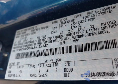 2020 Ford Escape Se from USA, damaged, VIN 1FMCU9G66LUC52537